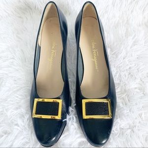 FERRAGAMO Navy Leather Buckle Pumps 8.5 Narrow